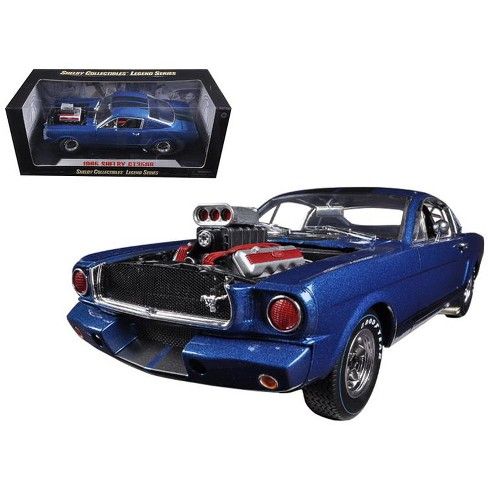 1965 Ford Shelby Mustang GT350R With Racing Engine Blue With Black Stripes 1/18 Diecast Car Model by Shelby Collectibles