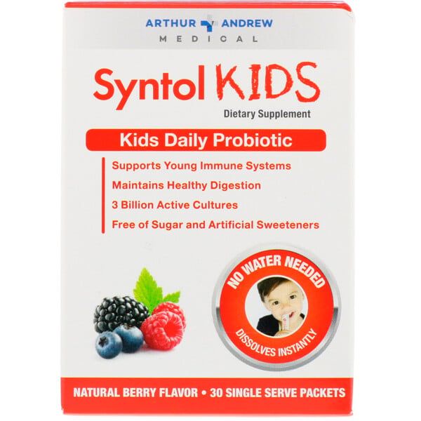 Arthur Andrew Medical, Syntol Kids, Kids Daily Probiotic, Natural Berry Flavor, 30 Single Serve Packets 60 Count (2x30)