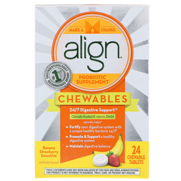 Align Probiotics, 24/7 Digestive Support, Probiotic Supplement, Chewables, Banana Strawberry Smoothie, 24 Chewable Tablets