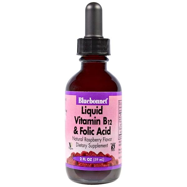 Bluebonnet tion, Liquid  B-12 & Folic , Natural Raspberry Flavor, 2 fl oz (59 ml)