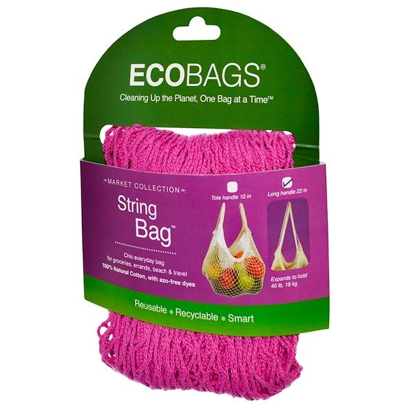 ECOBAGS, Market Collection, String Bag, Long Handle 22 in, Fuchsia, 1 Bag
