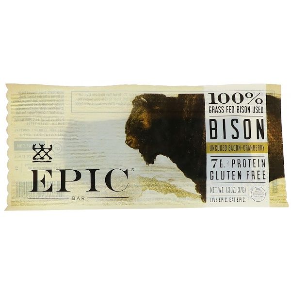 Epic Bar, Bison, Uncured Bacon + Cranberry Bar, 12 Bars, 1.3 oz (37 g) Each (Discontinued Item)