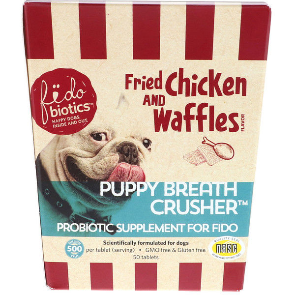 Fidobiotics, Puppy Breath Crusher, Probiotic Supplement For Fido, Fried Chicken And Waffles, 500 Million CFUs, 50 Tablets