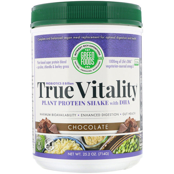 Green Foods Corporation, True Vitality, Plant Protein Shake with DHA, Chocolate, 1.57 lbs (714 g)