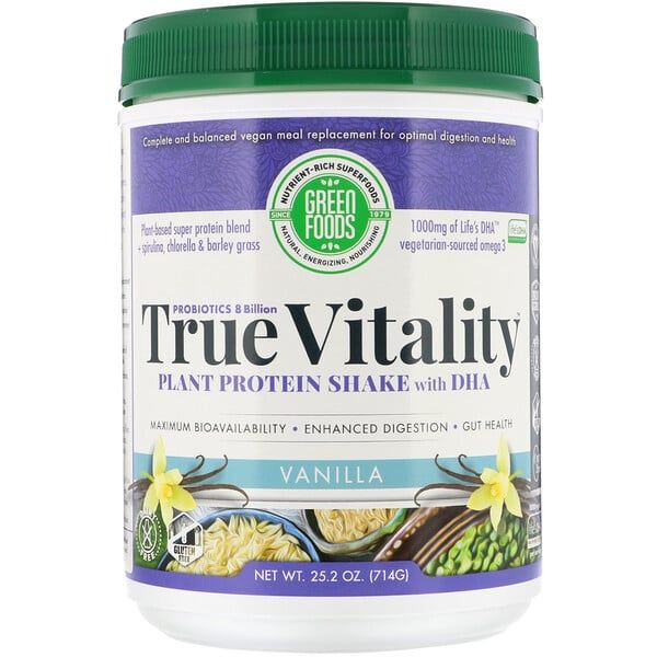 Green Foods Corporation, True Vitality, Plant Protein Shake with DHA, Vanilla, 1.57 lbs (714 g)