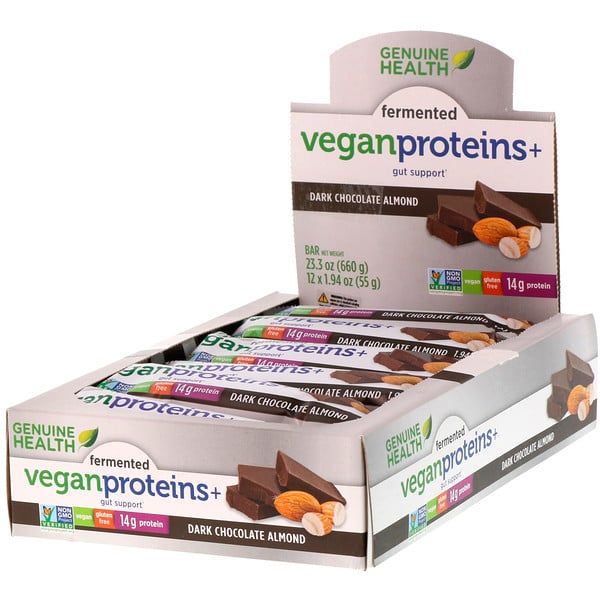 Genuine Health Corporation, Fermented Vegan Proteins+, Dark Chocolate Almond, 12 Protein Bars, 1.94 oz (55 g) Each 12 Count