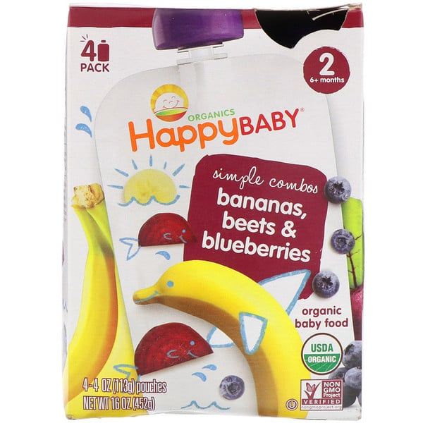 Happy Family Organics, Organic Baby Food, Stage 2, Simple Combos, Bananas, Beets & Blueberries, 4 Pouches - 4 oz (113 g) Each