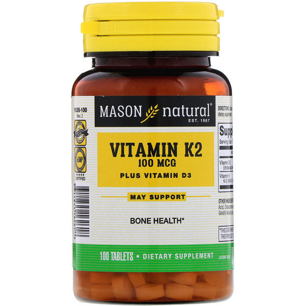 Mason Natural,  K2 Plus  D3, 100 mcg, 100 s 100 Count