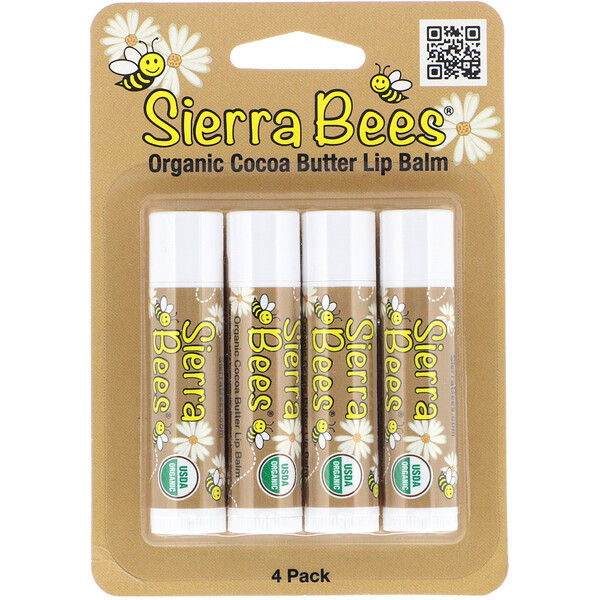 Sierra Bees, Organic Lip Balms, Cocoa Butter, 4 Pack, .15 oz (4.25 g) Each