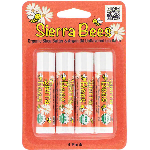 Sierra Bees, Organic Lip Balms, Shea Butter & Argan Oil, 4 Pack, .15 oz (4.25 g) Each