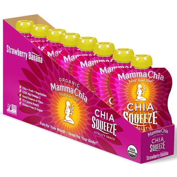 Mamma Chia, Organic Chia Squeeze Vitality Snack, Strawberry Banana, 8 Pouches, 3.5 oz (99 g) Each