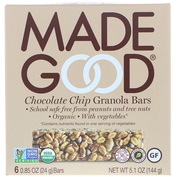 MadeGood, Organic, Granola Bars, Chocolate Chip, 6 Bars, 0.85 oz (24 g) Each