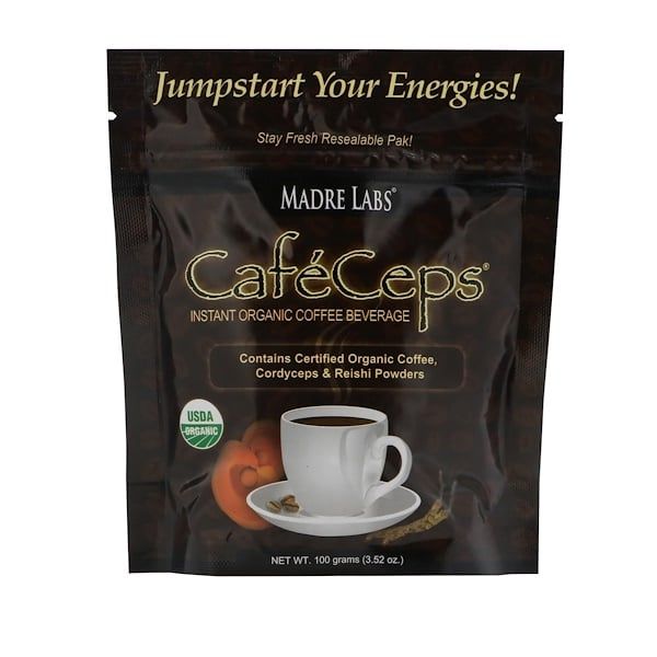 Madre Labs, CafeCeps, Certified Organic Instant Coffee with Cordyceps and Reishi Mushroom Powder, 3.52 oz (100 g)