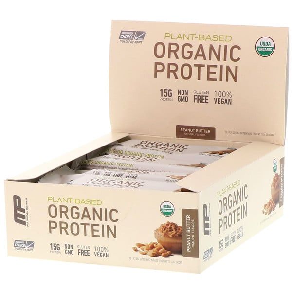 MusclePharm Natural, Plant-Based Organic Protein Bar, Peanut Butter, 12 Bars, 1.76 oz (50 g) Each 24 Count (2x12)