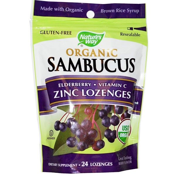 Nature's Way,  Sambucus, Zinc Lozenges, Delicious Berry , 24 Lozenges 24 Count