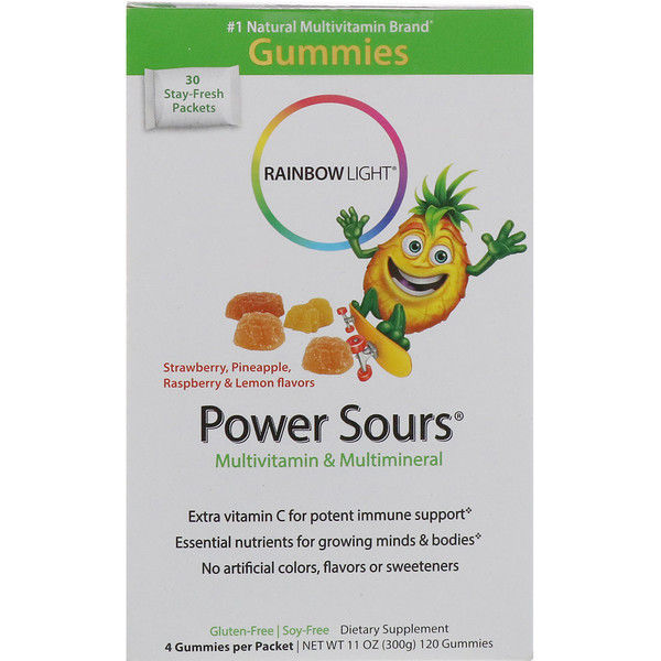 Rainbow Light, Gummy Power Sours, Multi & Multimineral, Strawberry, Pineapple, Raspberry & Lemon Flavors, 30 Packets, (4 Gummies) Each 60 Count (2x30)