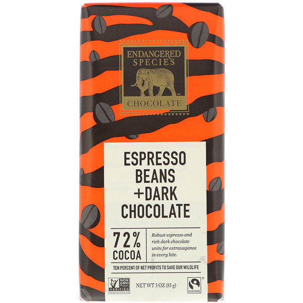 Endangered Species Chocolate, Espresso Beans + Dark Chocolate, 3 oz (85 g)