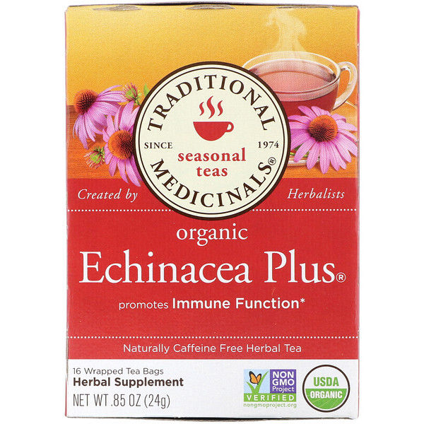 Traditional Medicinals, Seasonal Teas,  Echinacea Plus, Naturally Caffeine Free, 16 Wrapped Tea Bags, .85 oz (24 g) 32 Count (2x16)