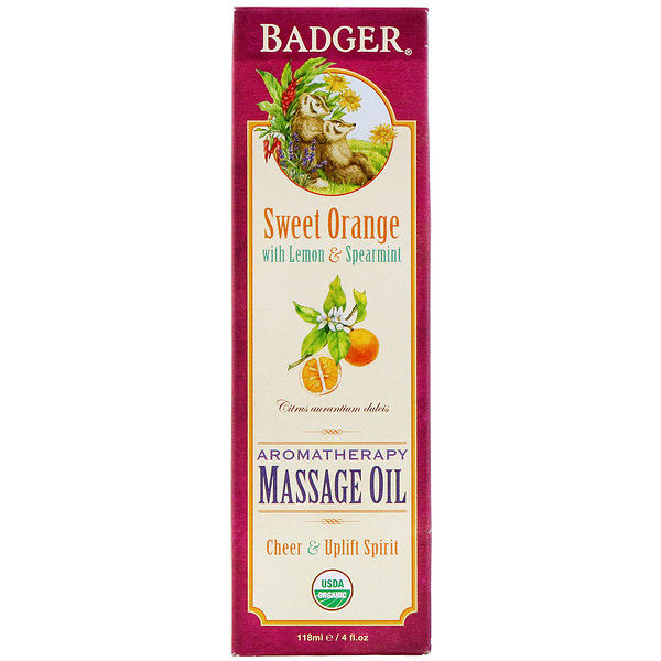 Badger Company, Organic, Aromatherapy Massage Oil, Sweet Orange with Lemon & Spearmint, 4 fl oz (118 ml)