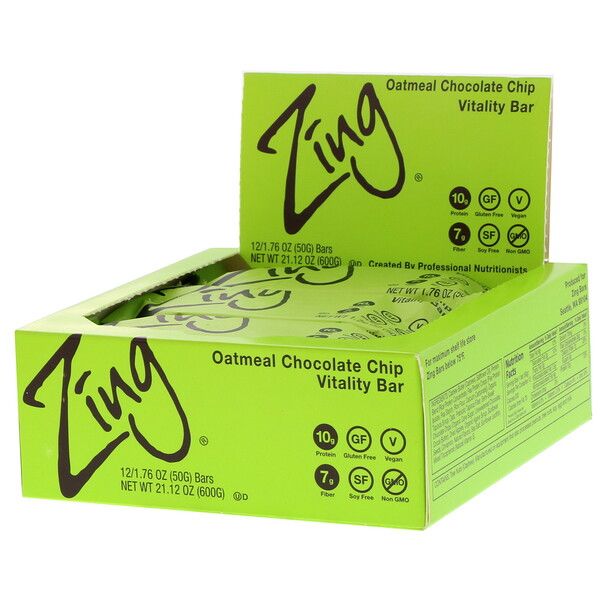 Zing Bars, Vitality Bar, Oatmeal Chocolate Chip, 12 Bars, 1.76 oz (50 g) Each