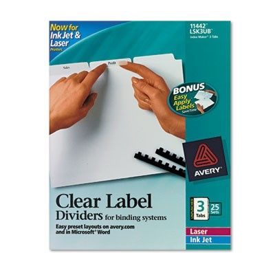 Avery-Dennison, Index Maker Clear Label Unpunched Divider, 3-Tab, Letter, White, 25 Sets