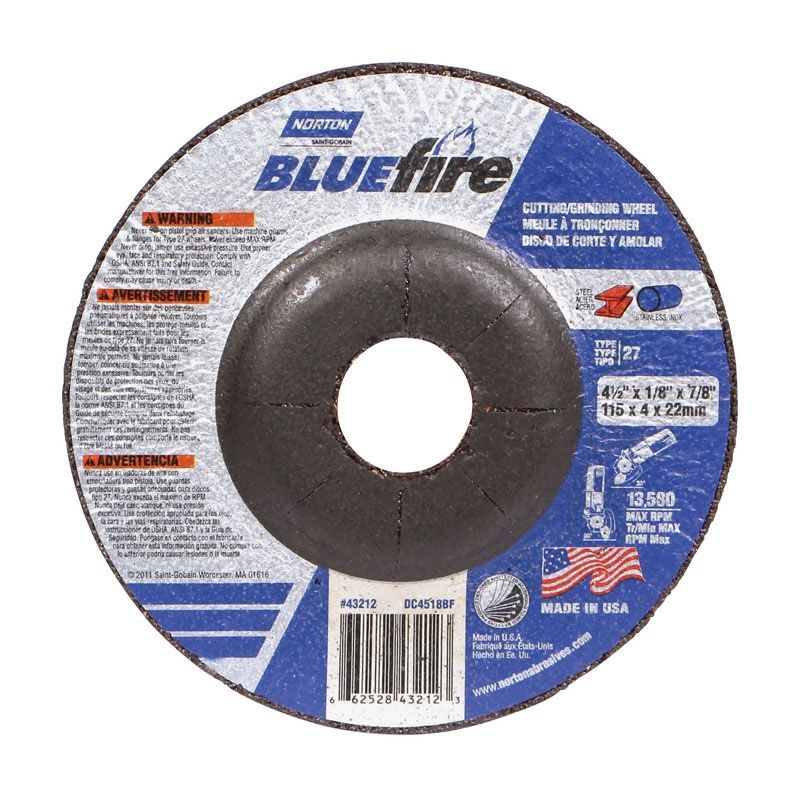 Norton  Bluefire  4-1/2 In. Aluminum Oxide  Cutting/Grinding Wheel  1/8 In.  X 7/8 In.  1 Pc.