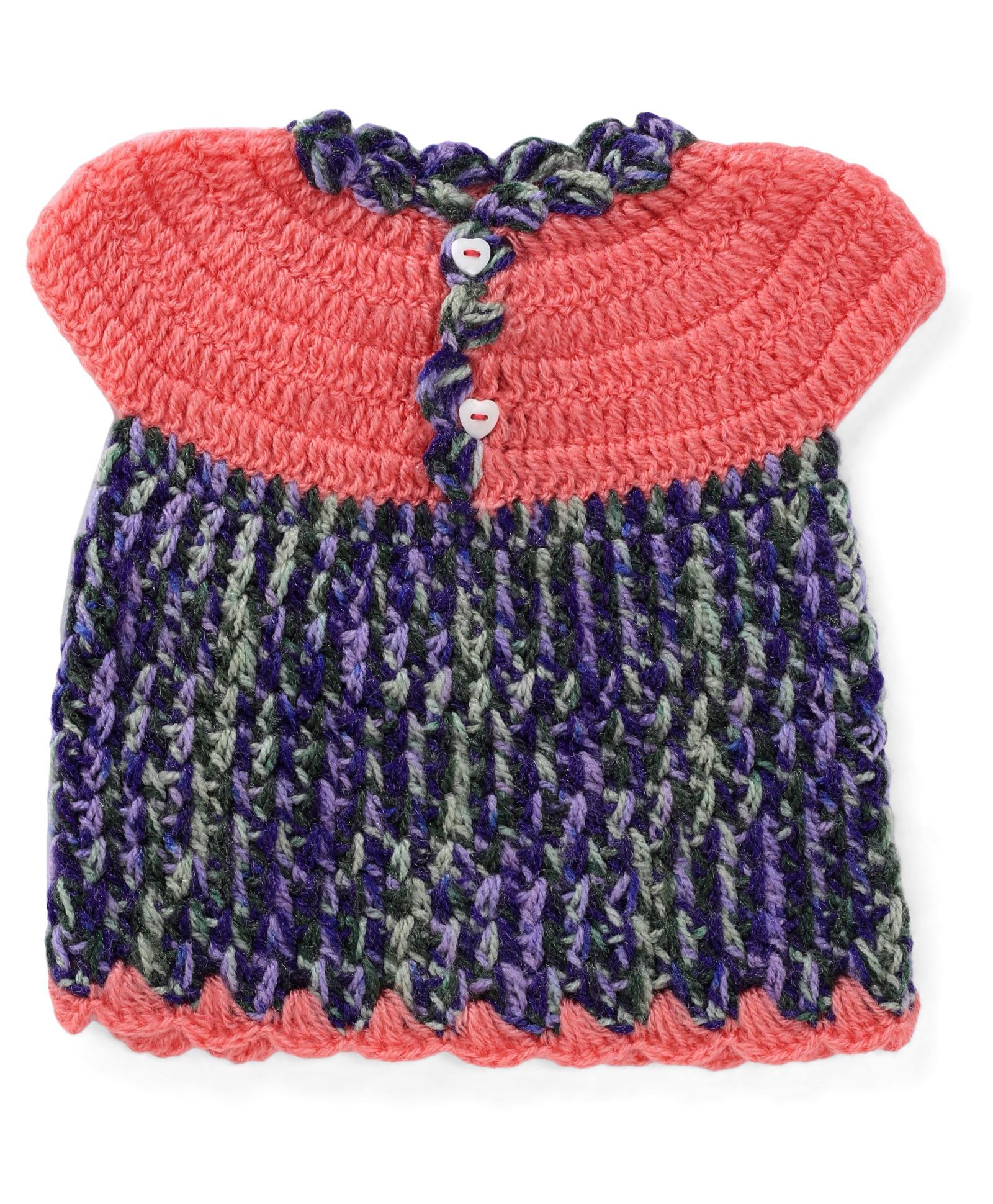 Rich Handknits Cap Sleeves Woolen Dress - Coral Navy Green