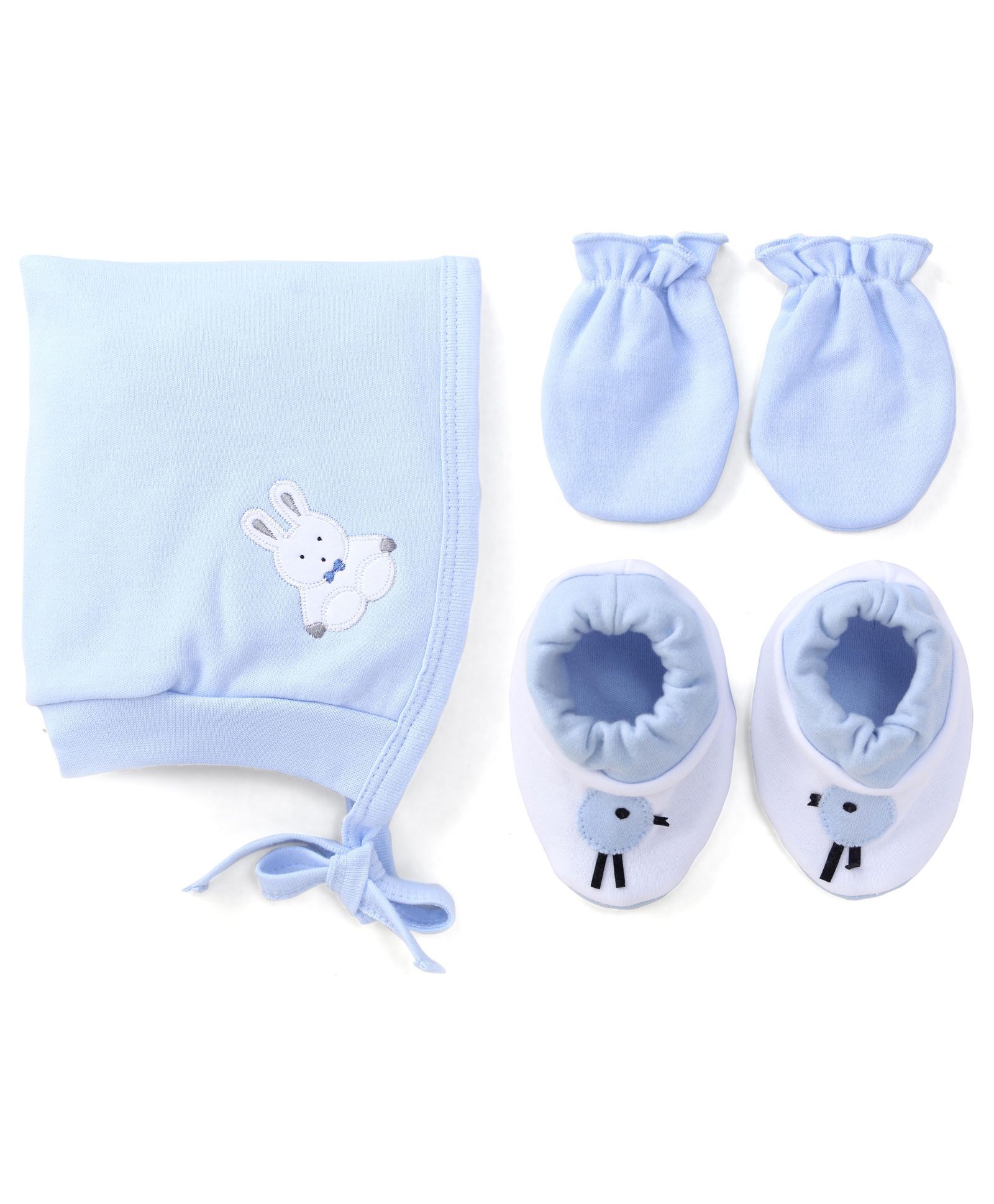 Child World Cap Mittens And Booties Set Rabbit Design - Blue