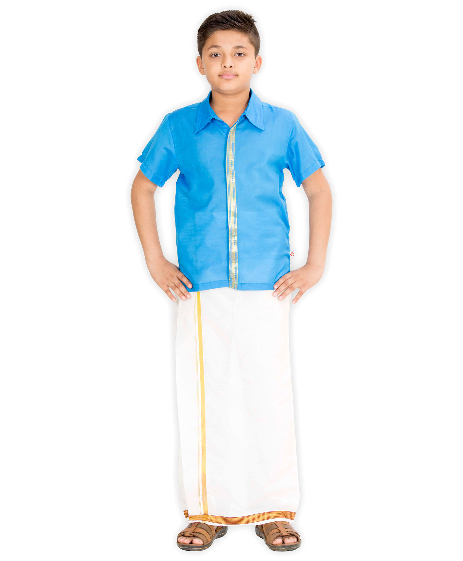 Kutti Baba Shirt And Lungi Set With Border - Sky Blue & Off White