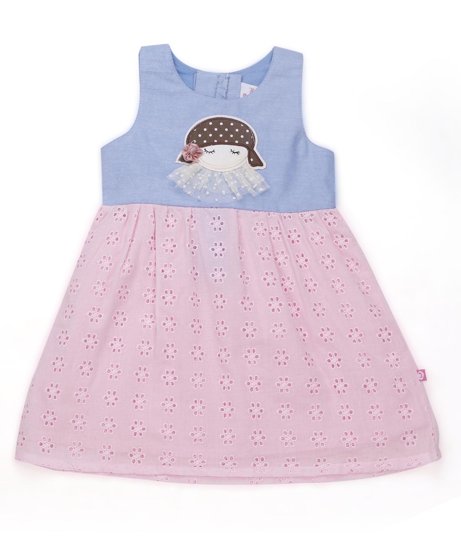 Chocopie Sleeveless Frock With Hakoba Embroidery - Blue Pink