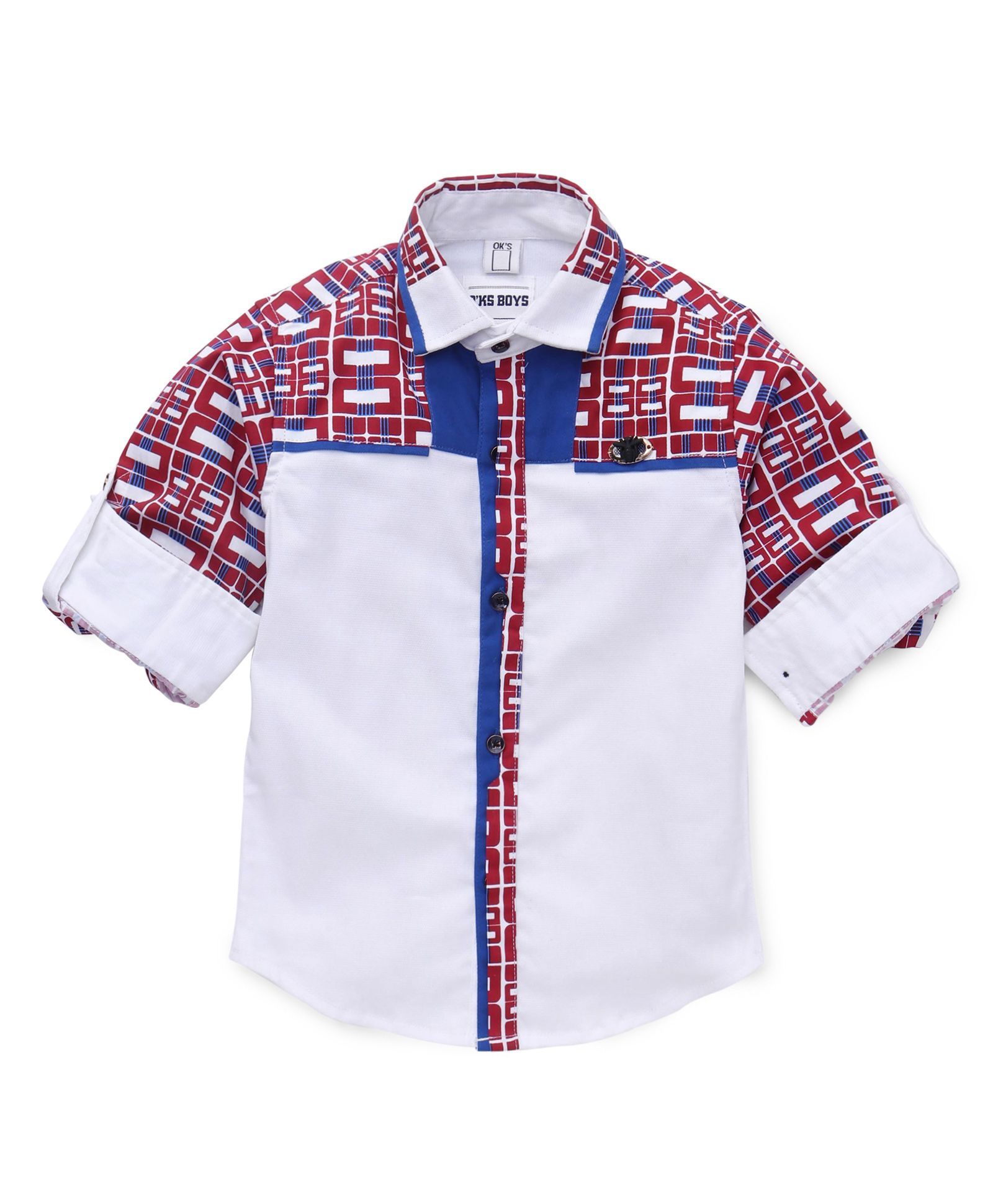 Oks Boys Full Sleeves Shirt Contrast Button Placket - White Dark Red & Blue
