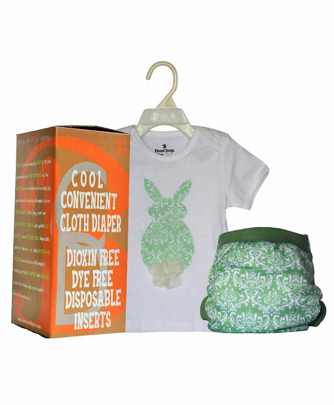 Bumchum Hybrid Diaper Cover & Washable Insert With Matching T-Shirt Bonnie - White & Green