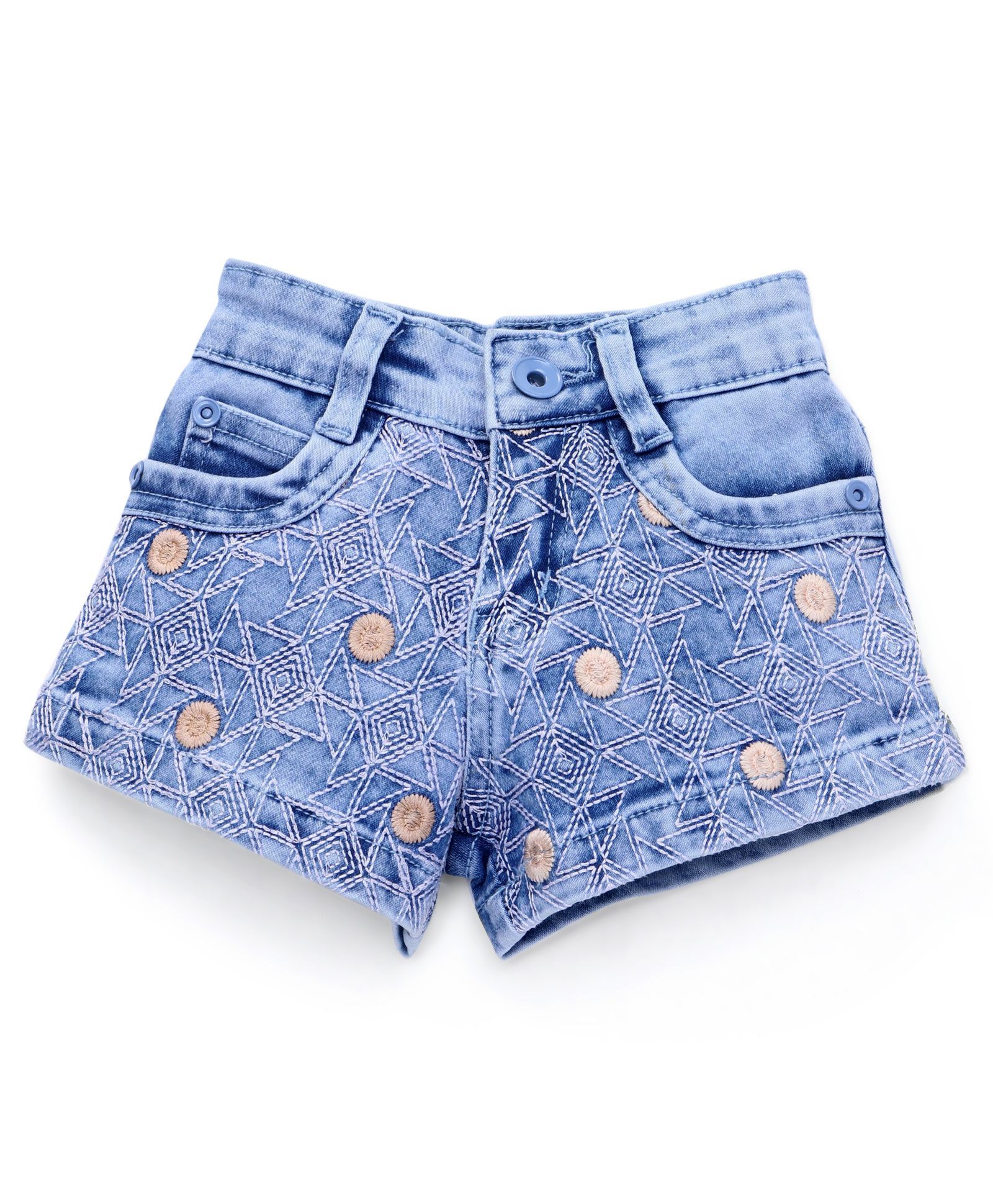 Pink Kat Denim Short With Thread Wrok for Girls