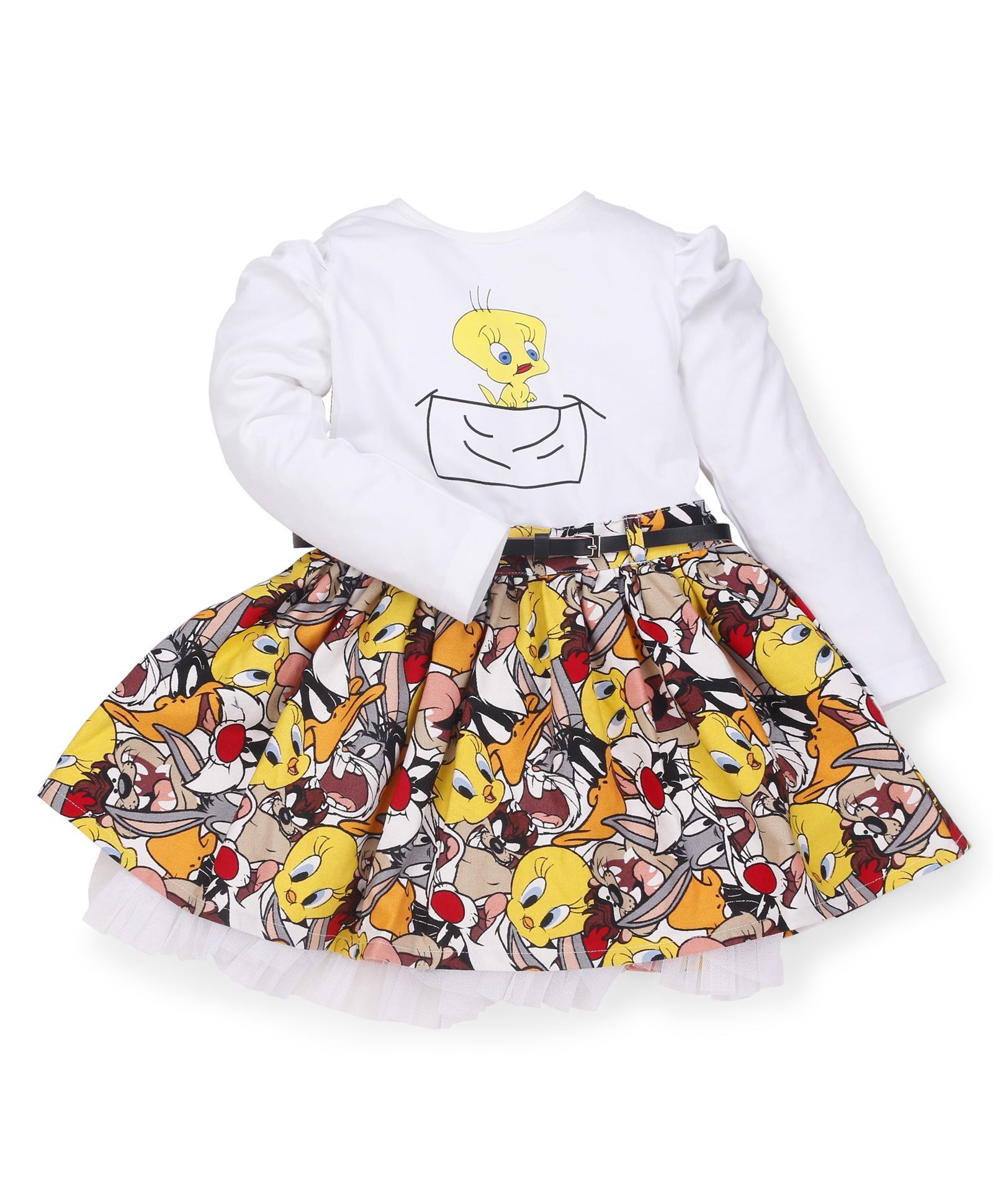 Young Birds Cartoon Print Stripe Knit & Woven Dress - Multi Colour
