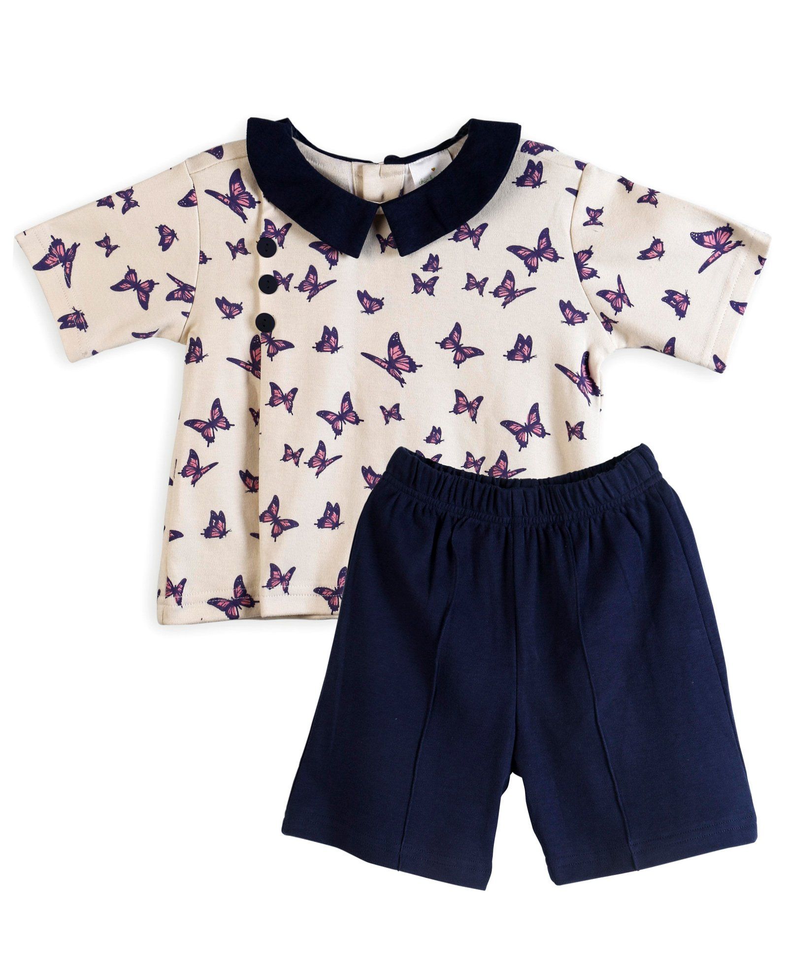 Chic Bambino Butterfly Design Top & Shorts Set - Beige & Navy Blue