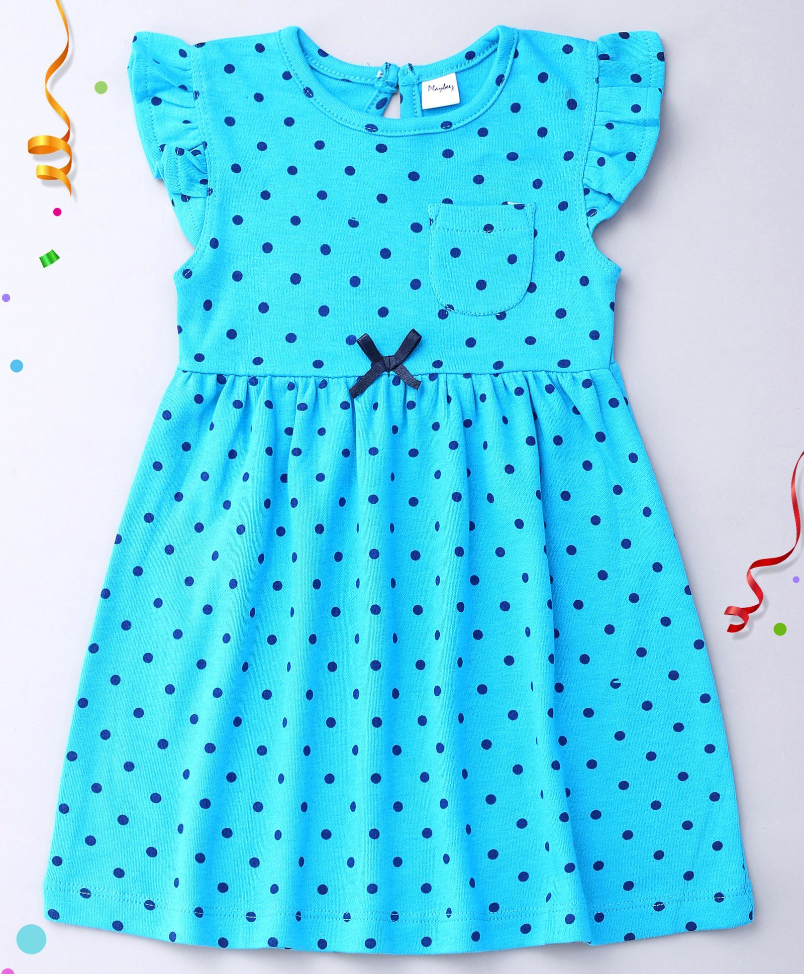 Playbeez Flutter Sleeves Dress Polka Dots Print - Blue