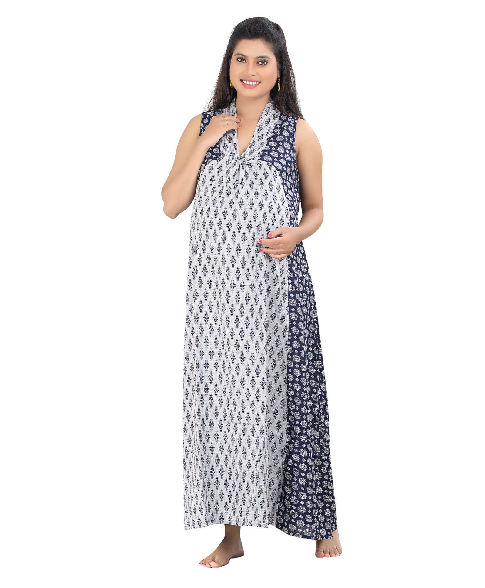 Uzazi Sleeveless Maternity Dress Printed - Grey Navy