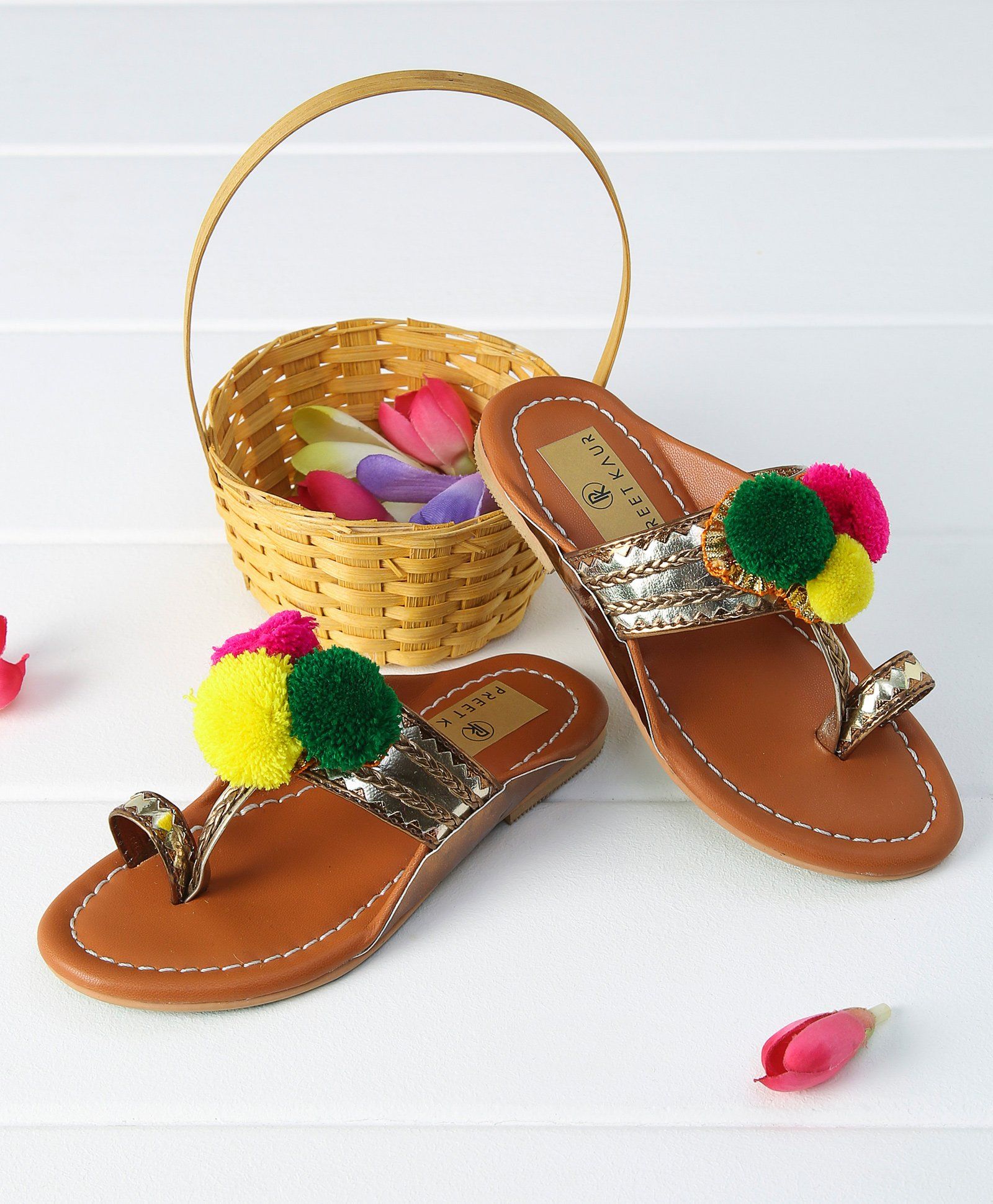 Preet Kaur Pom Pom Applique Kolhapuri Chappal - Brown