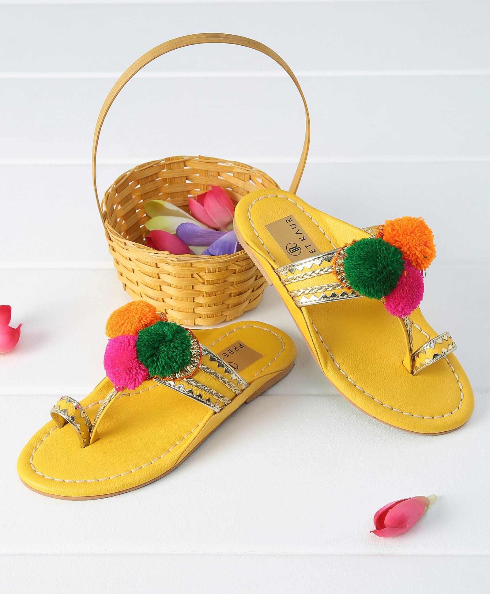 Preet Kaur Pom Pom Applique Kolhapuri Chappal - Yellow