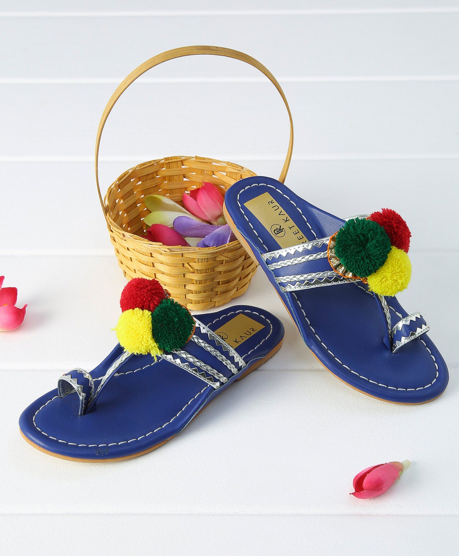 Preet Kaur Pom Pom Applique Kolhapuri Chappal - Blue
