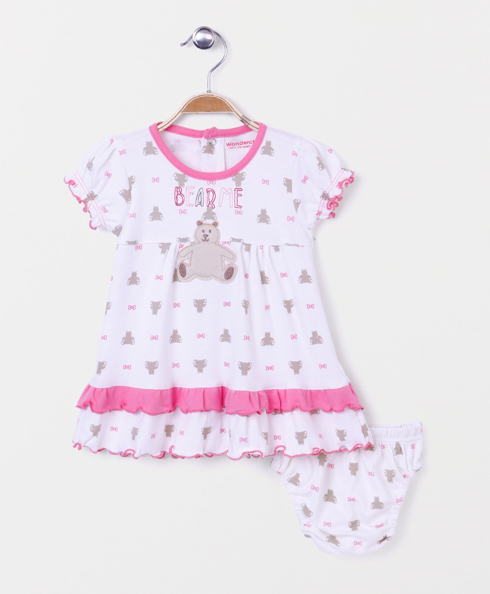 Wonderchild Teddy Print Dress With Bloomer - Pink & White