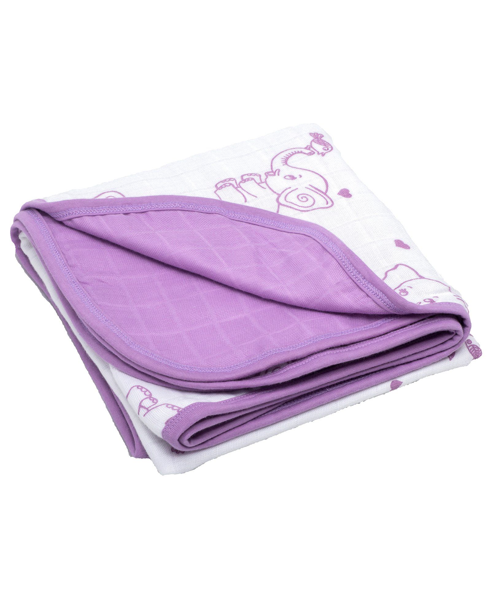 Kaarpas Premium Organic Cotton 3 Layered Muslin Blanket Elephant Print Medium - White & Purple