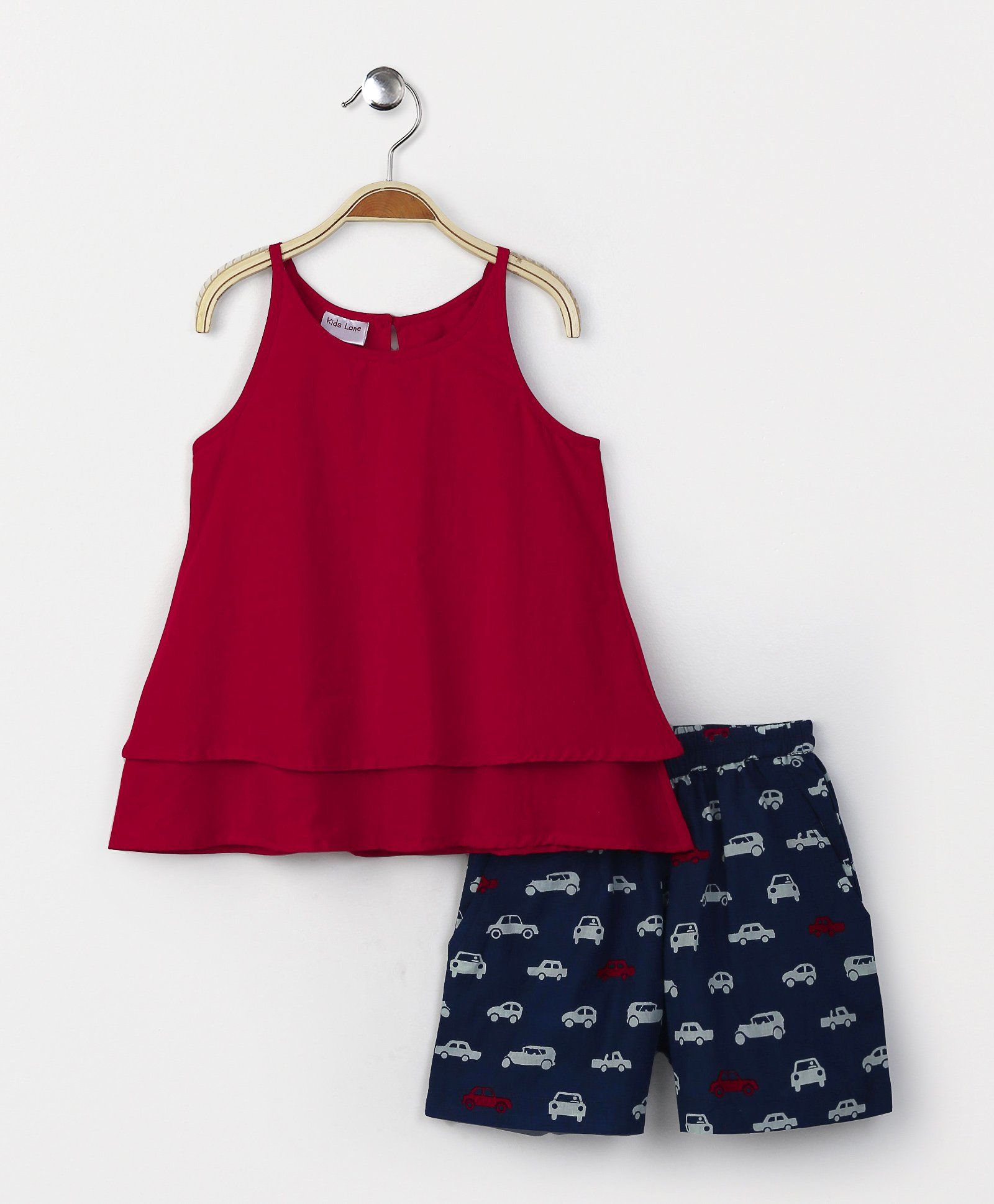 Kids Lane Layered Top With Car Print Shorts - Red & Indigo