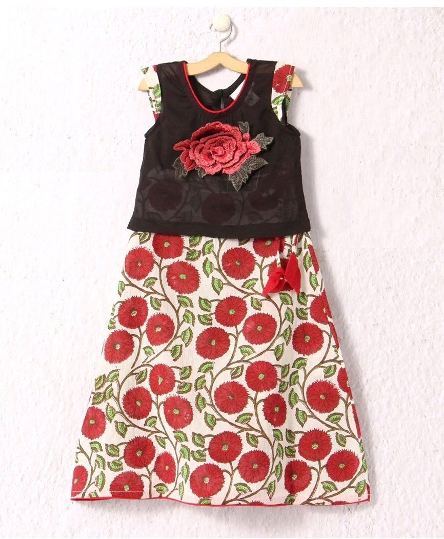 Petite Kids Block Print Skirt With Applique Top - Black