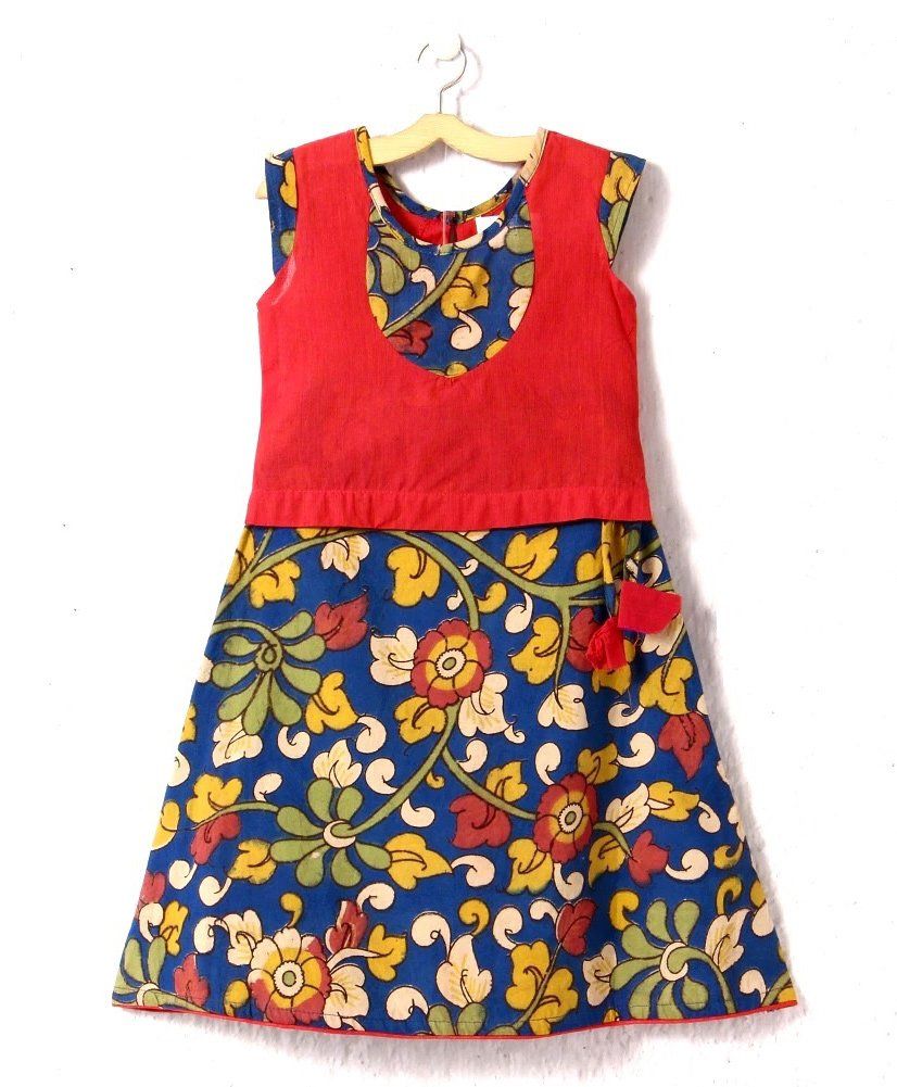 Petite Kids Kalamkari Skirt With Handloom Patch Work Top - Multicolor