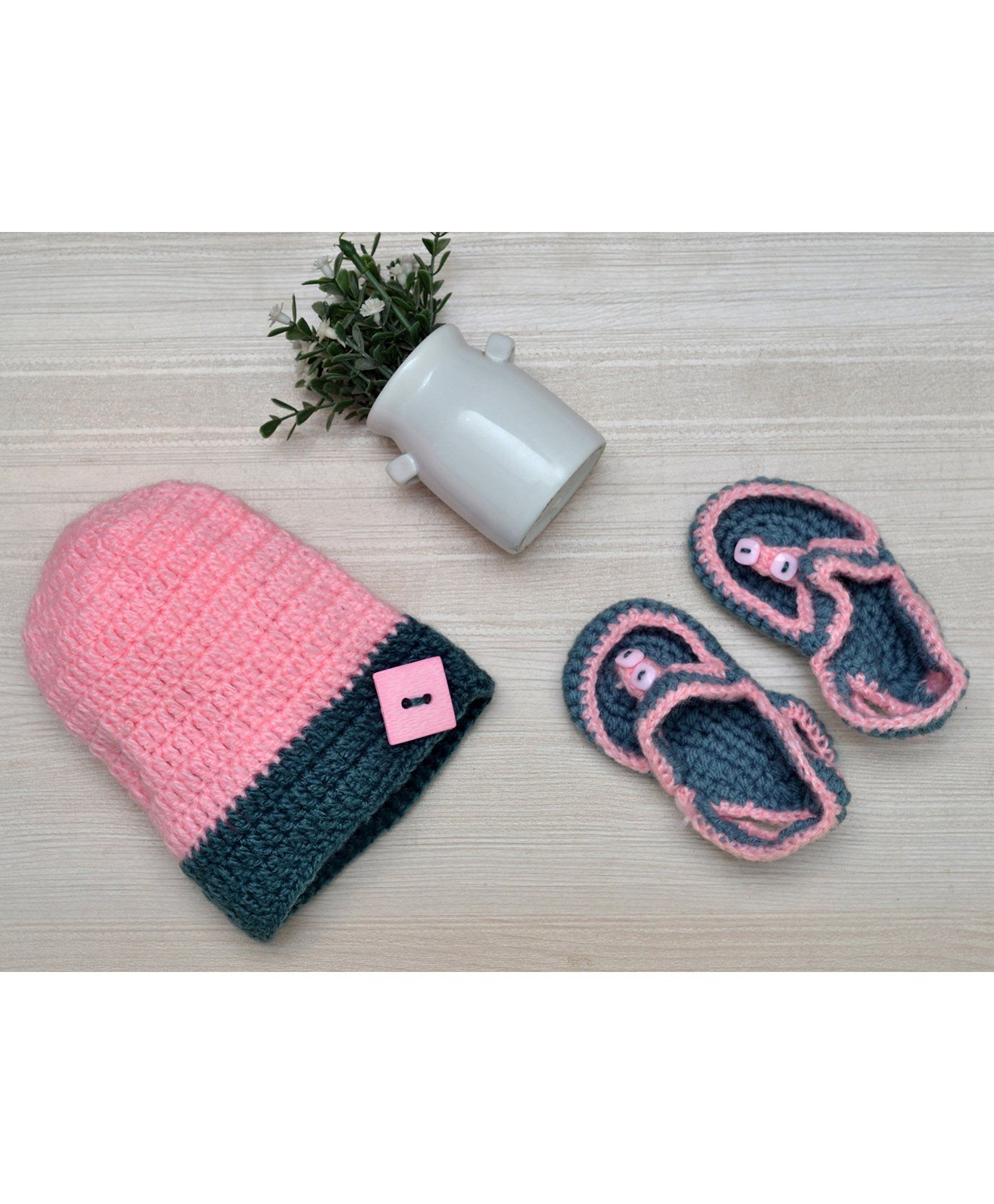 Beebop Crochet Cap And Flip Flop Style Booties Set Floral Applique - Pink Blue