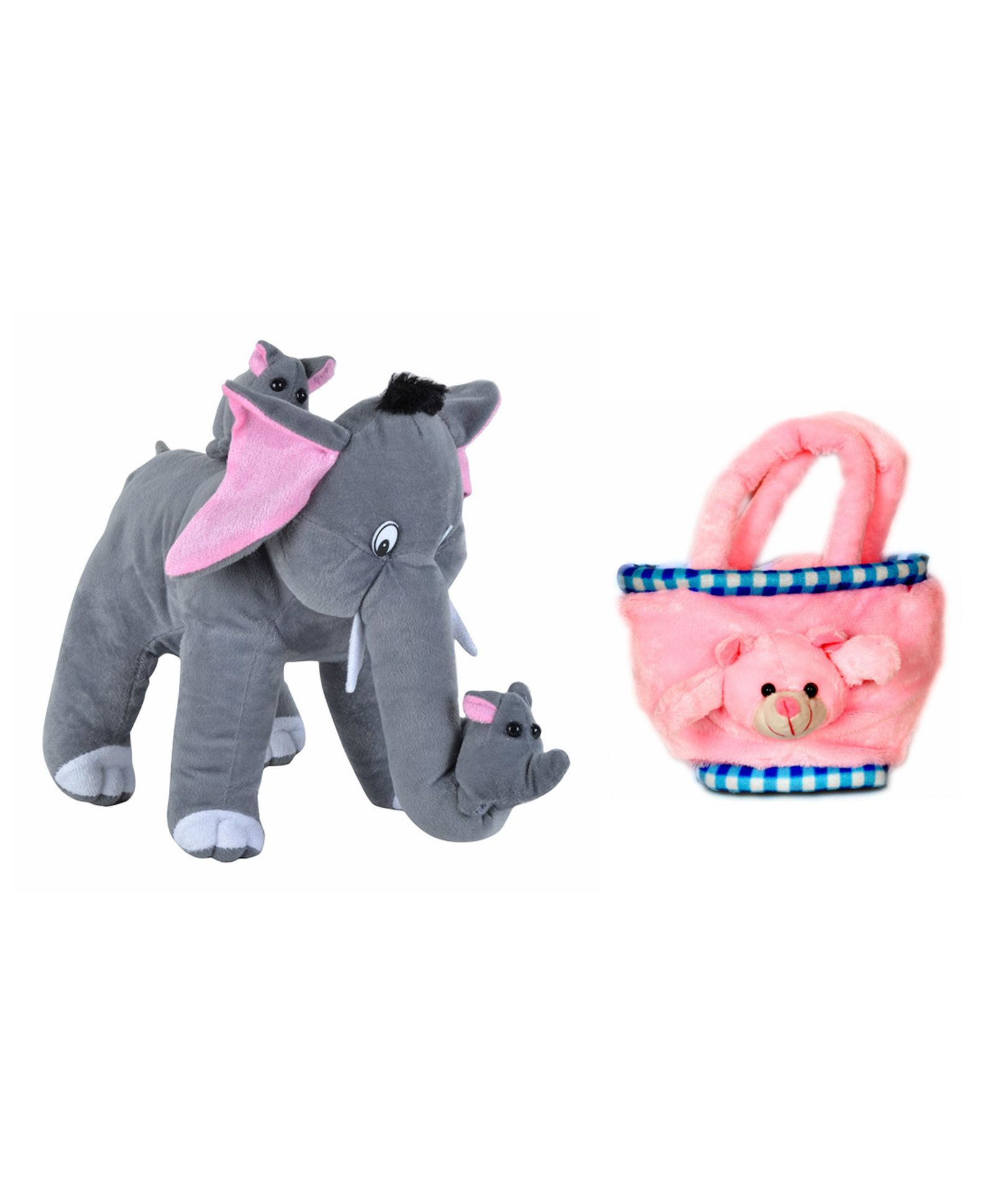 Deals India Mother Elephant With 2 Babies Soft Toy With Bag - Grey Pink