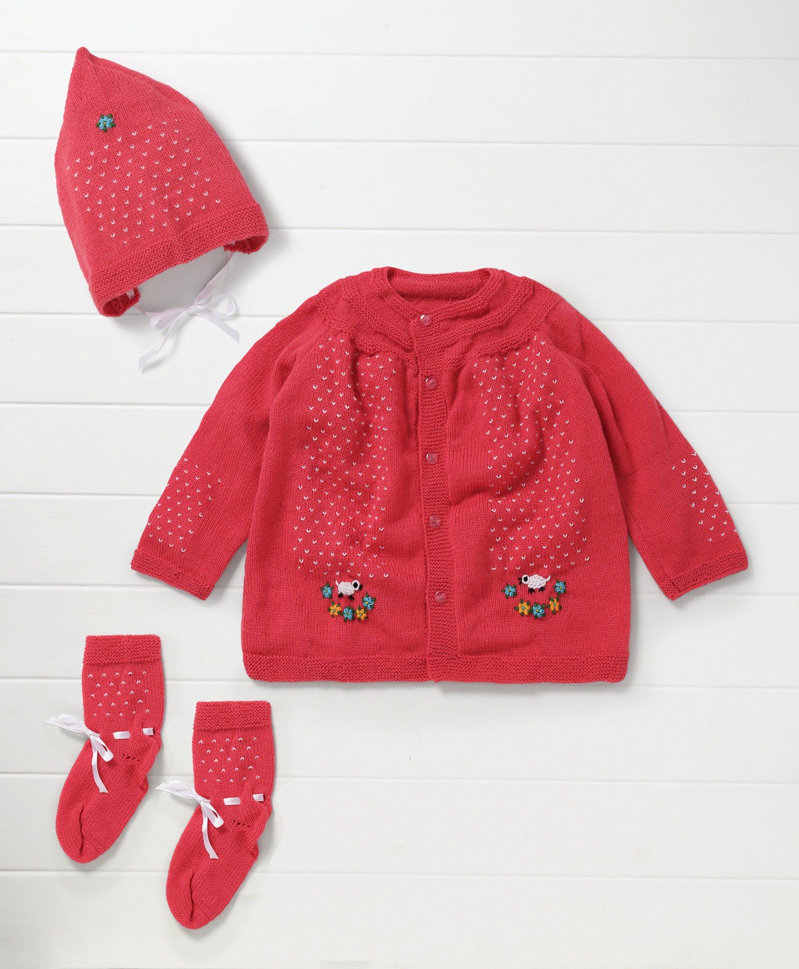 Nappy Monster Knit Set Of Sweater Embroidery At The Bottom With Cap & Booties - Pink