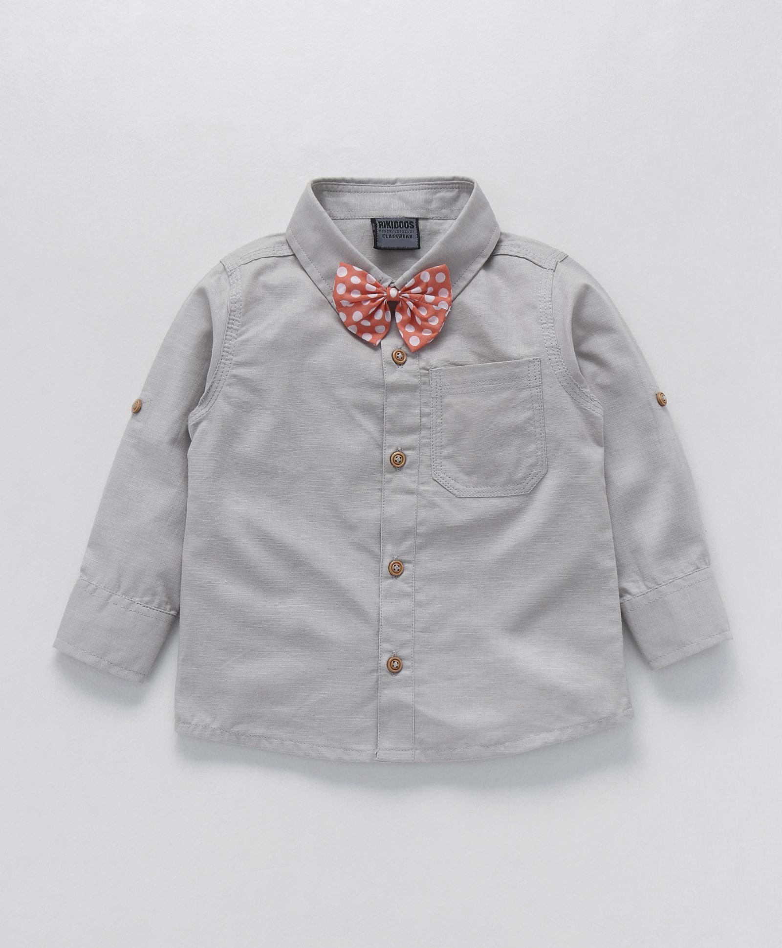 Rikidoos Full Sleeves Shirt With Polka Dot Bow - Grey