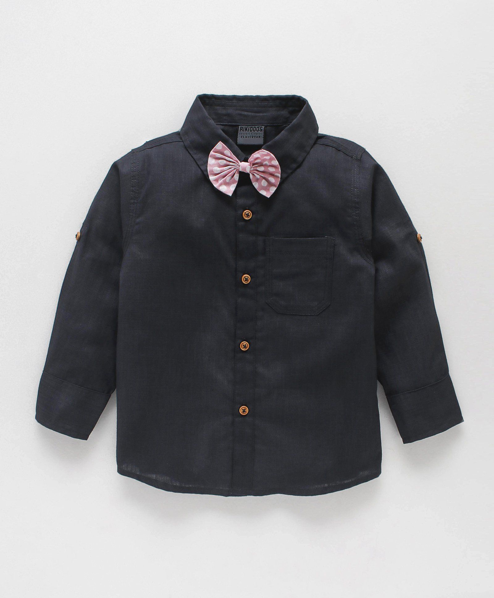 Rikidoos Full Sleeves Shirt With Polka Dot Bow - Grey